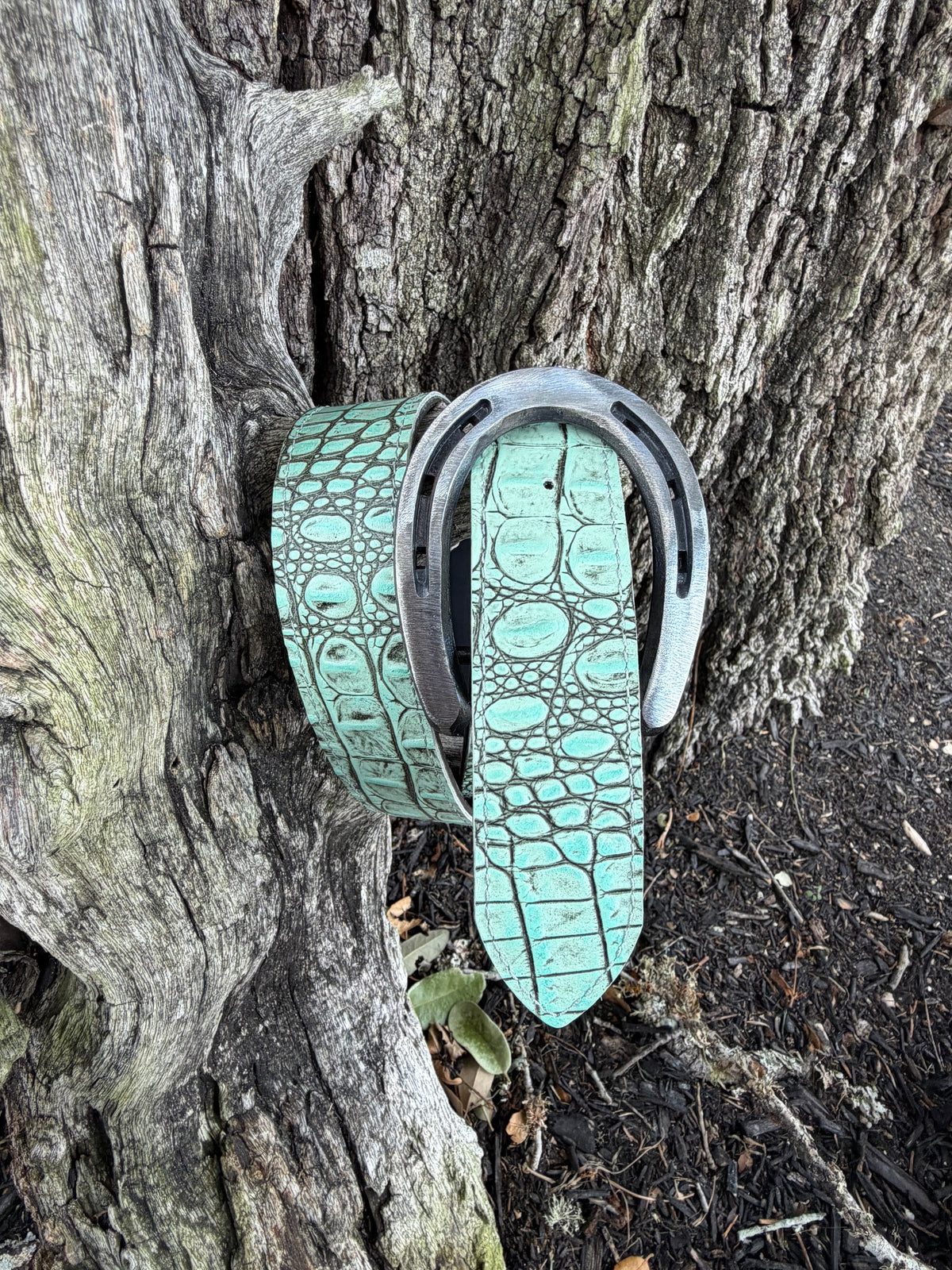 Antique Turquoise Embossed Hornback Croc Belt