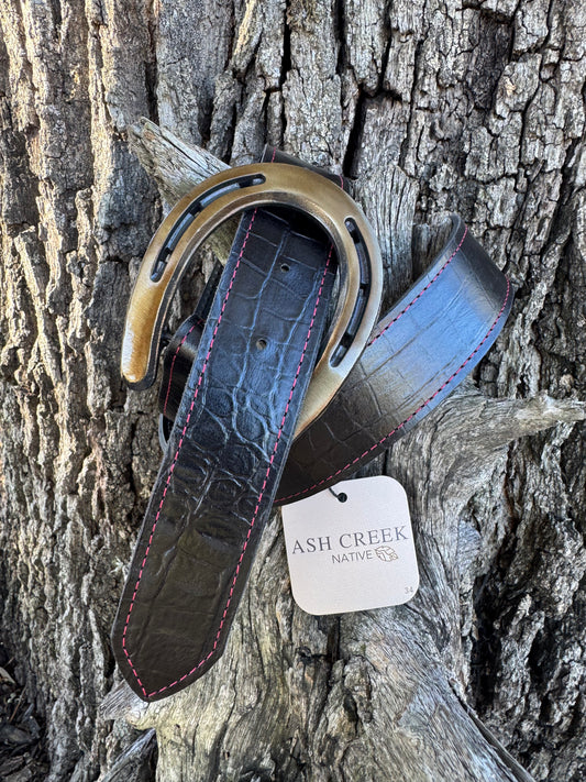 Gloss Black Embossed Croc with Red Stitching