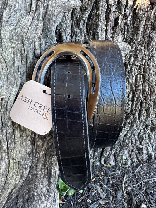 Glossy Black Embossed Croc with Black Stitching