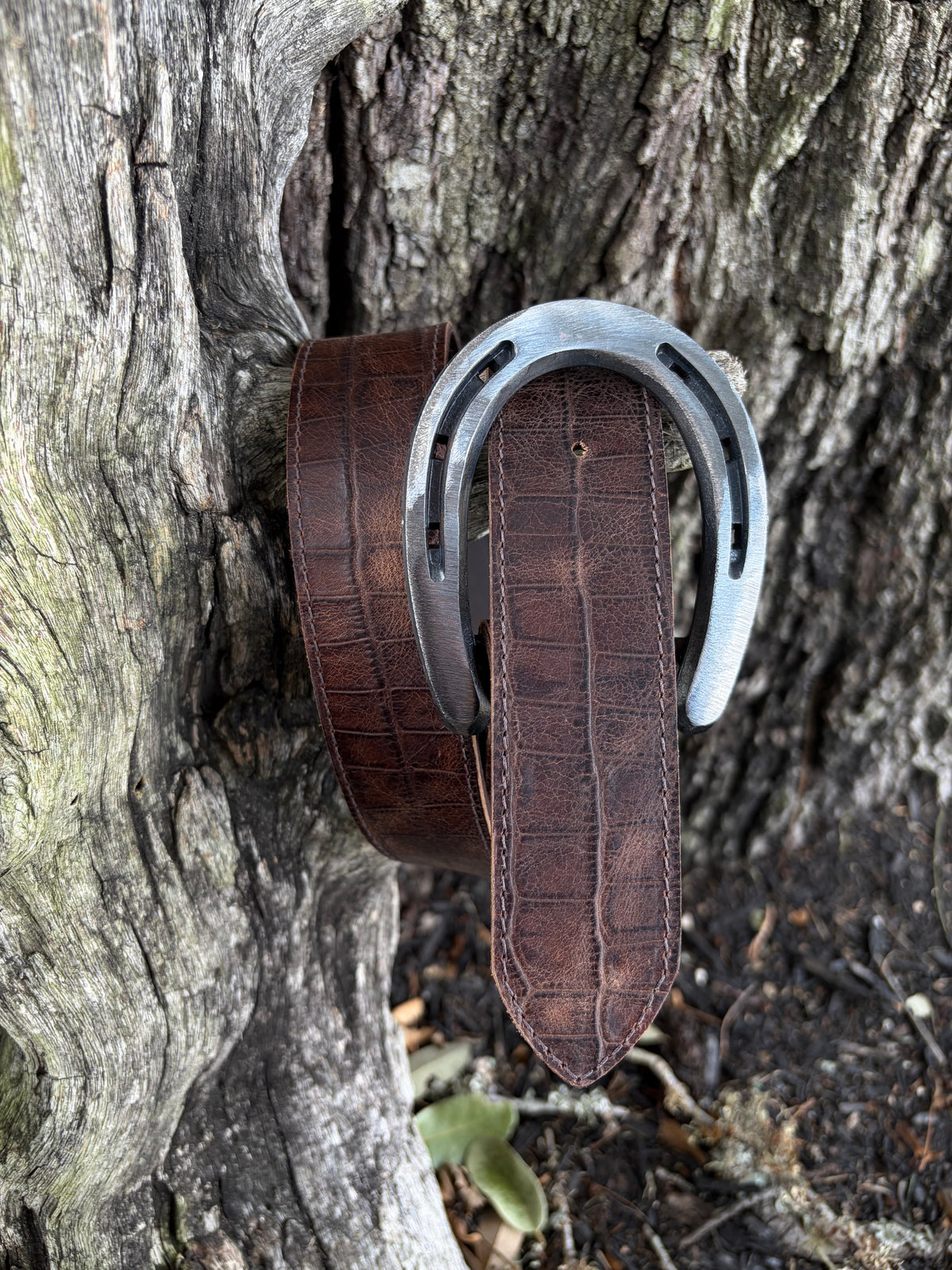 Chocolate Embossed Gator Belly Leather Belt