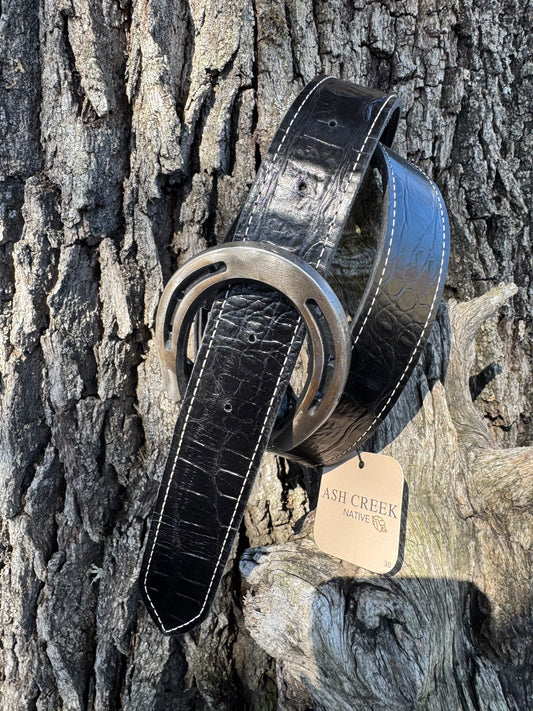 Gloss Black Embossed Croc with White Stitching